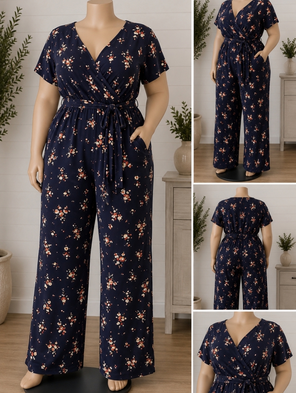 Navy Floral Wrap Jumpsuit